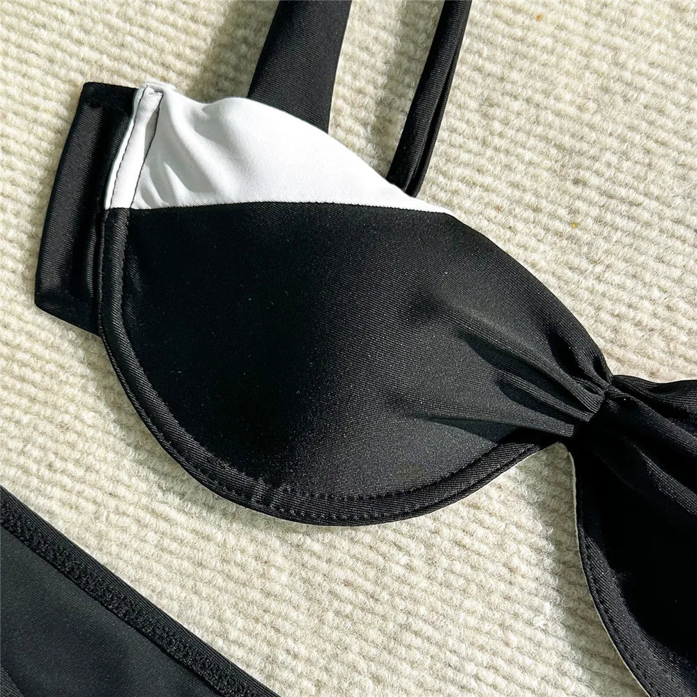 Black White Patchwork Swimwear Push Up Bikinis Sets