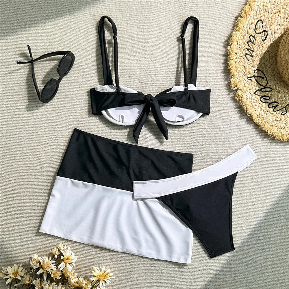Black White Patchwork Swimwear Push Up Bikinis Sets