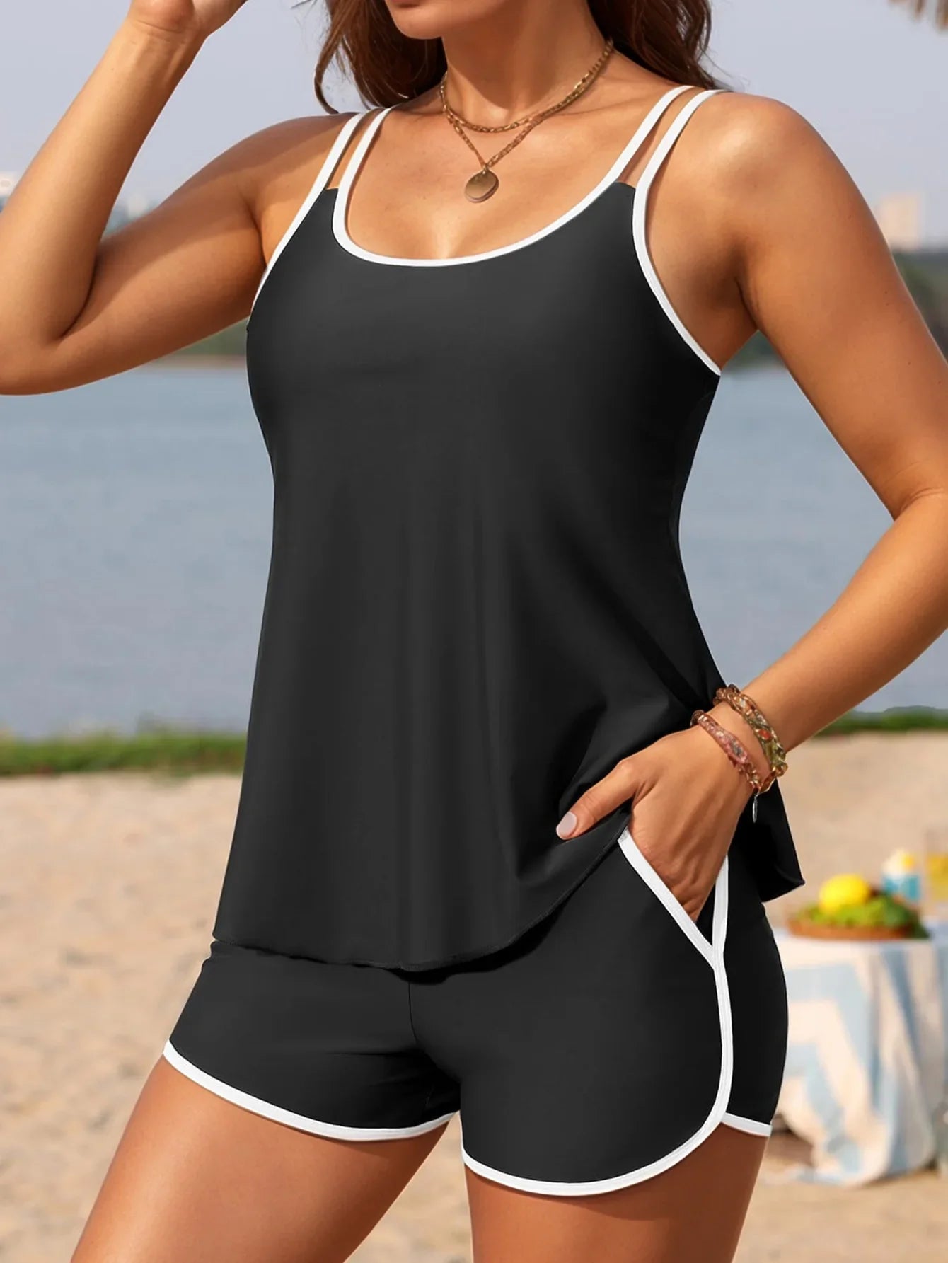 Black White Patchwork Tankini Set