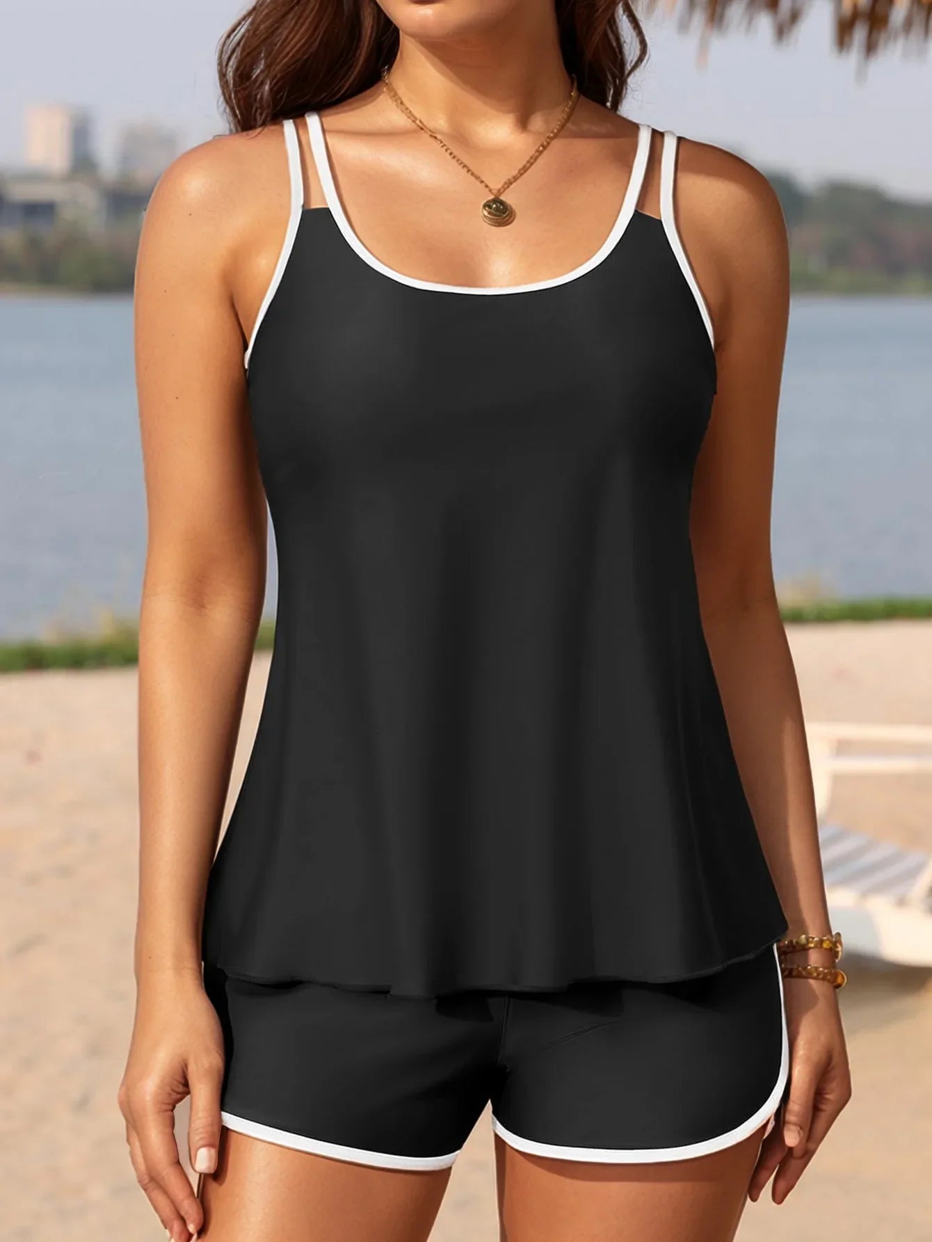 Black White Patchwork Tankini Set