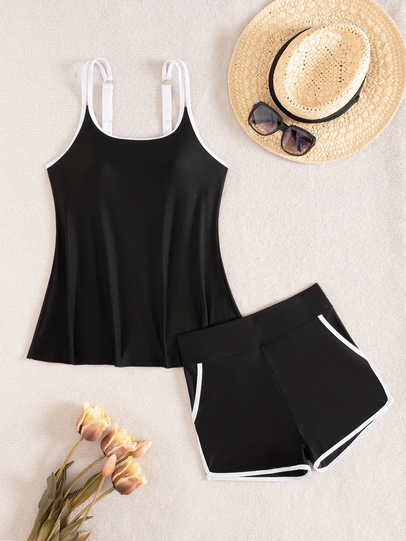Black White Patchwork Tankini Set