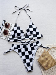 Black and White Checkered Print 2-piece Swimsuit Bikini Set