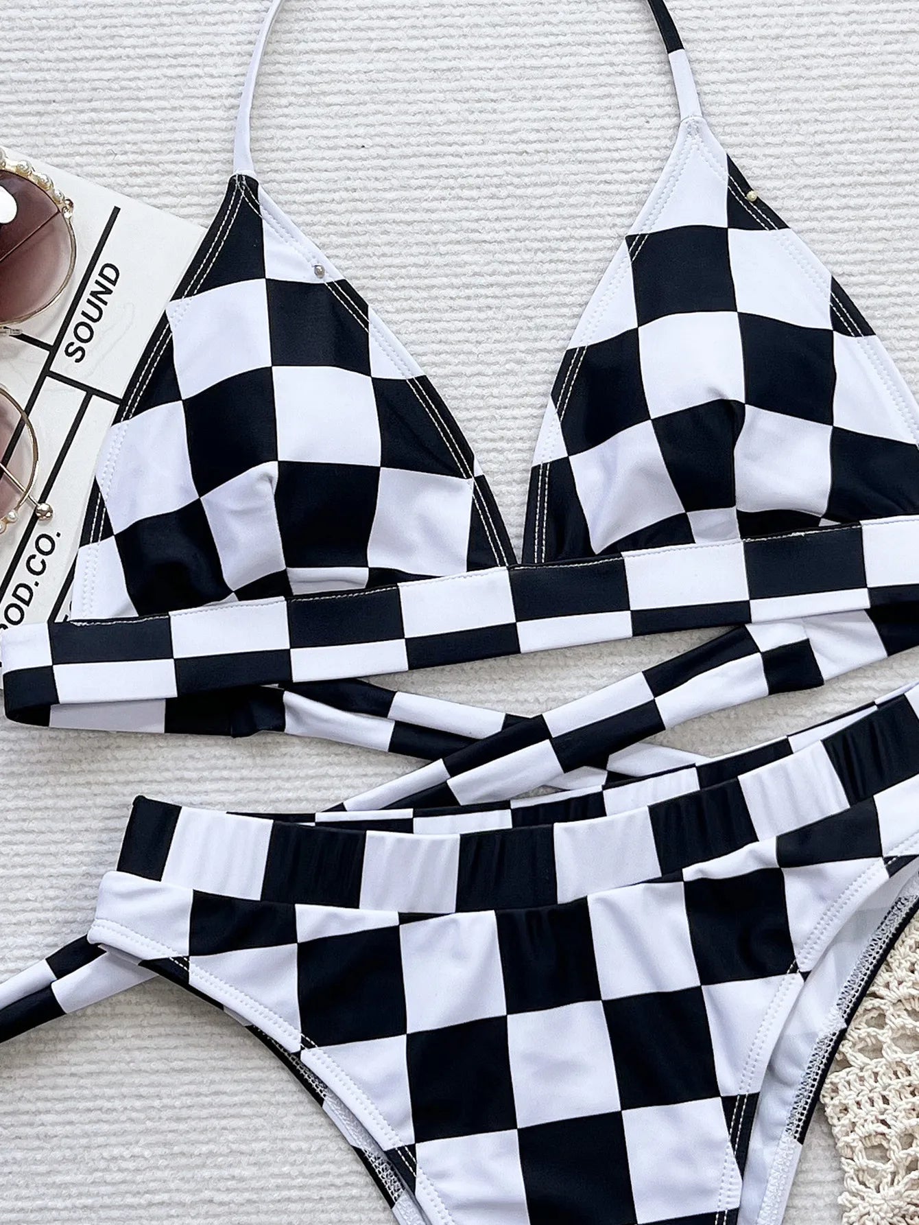 Black and White Checkered Print 2-piece Swimsuit Bikini Set