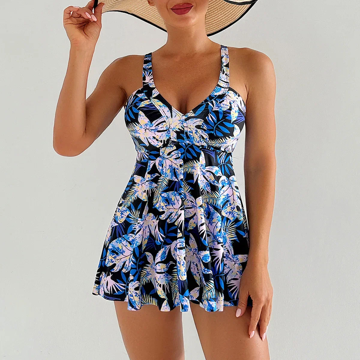 Blue Floral Print Tankini Set