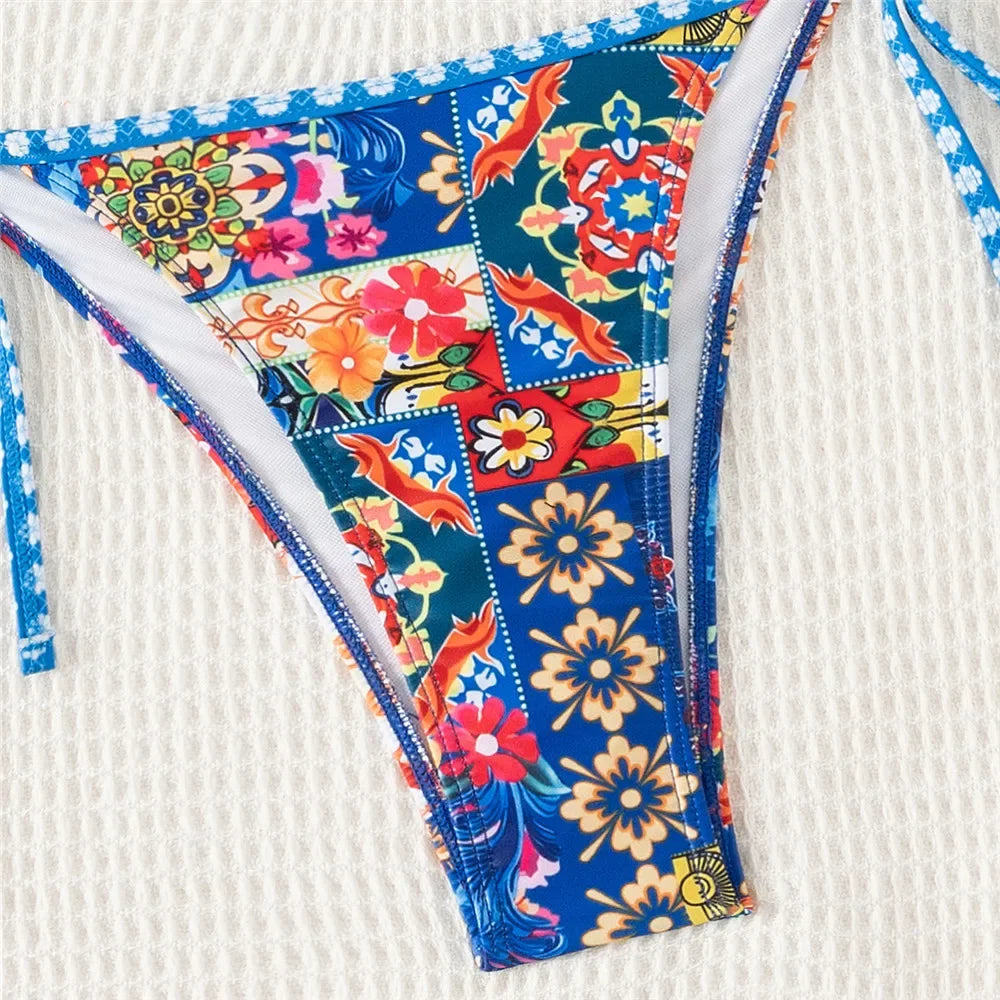 Blue Floral Print Triangle Mini Bikinis Sets