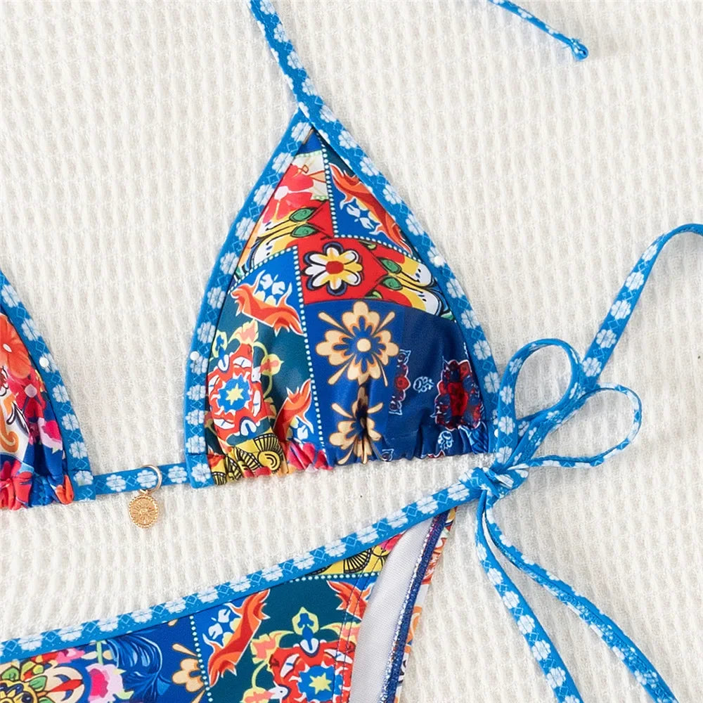 Blue Floral Print Triangle Mini Bikinis Sets