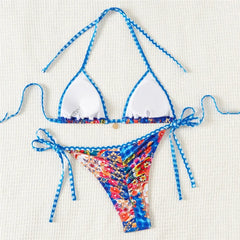 Blue Floral Print Triangle Mini Bikinis Sets