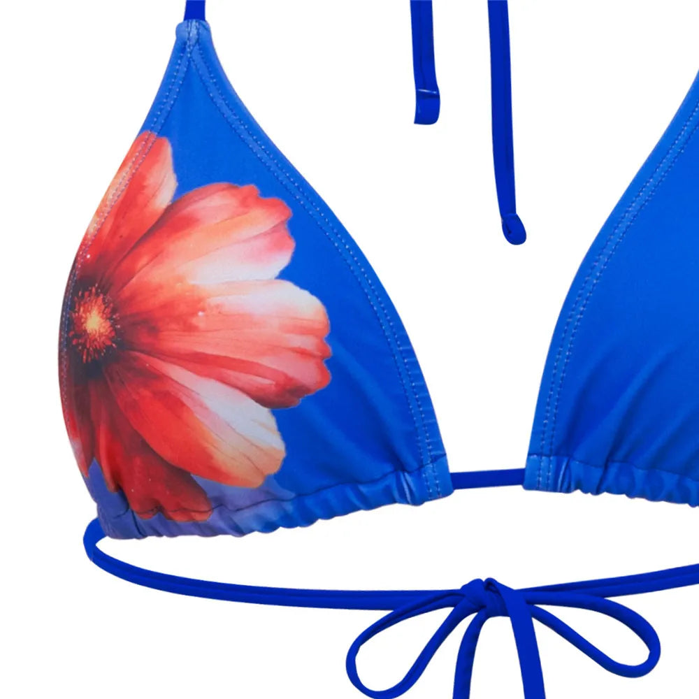 Blue Flower Print Swimwear Halter String Triangle 3 Piece Bikinis Sets