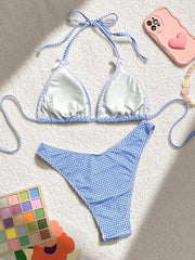 Blue Plaid Print Two Piece Swimsuit