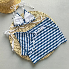 Blue Striped Print String Halter Micro Bikini Thong Swimsuit Cover Ups Beach Wear Bikinis Sets