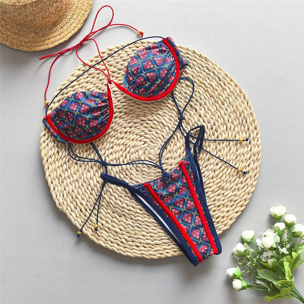 Blue Vintage Print String Thong Micro Bikini Push Up Swimsuit Back Knotted Swimwear Bathing Suit Bikinis Sets
