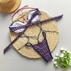 Blue Vintage Print String Thong Micro Bikini Push Up Swimsuit Back Knotted Swimwear Bathing Suit Bikinis Sets