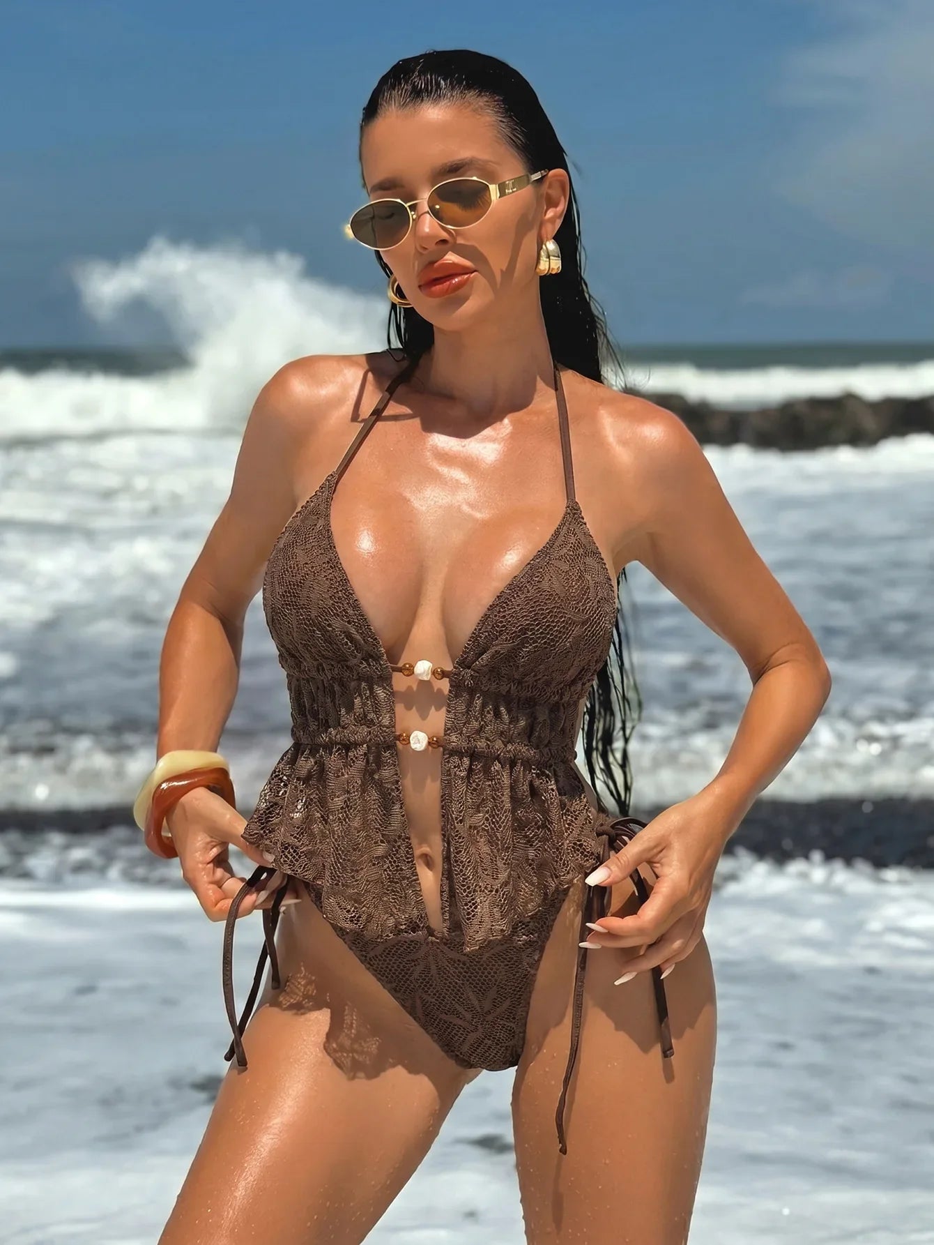 Boho Openwork Knit Bikinis Set