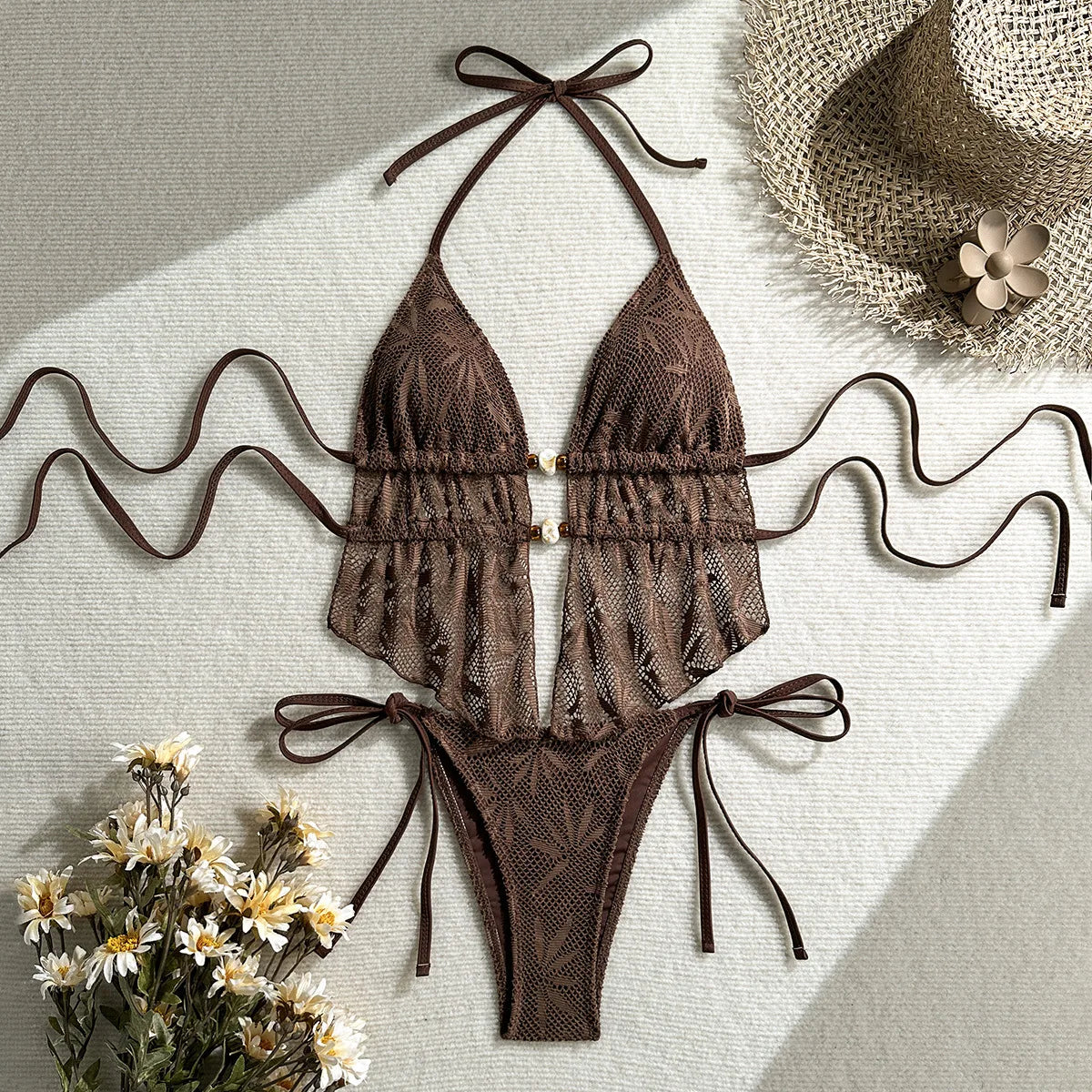 Boho Openwork Knit Bikinis Set