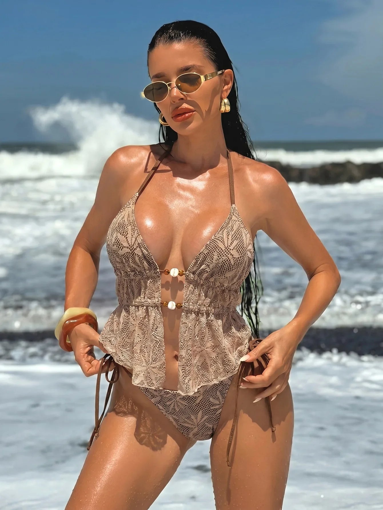 Boho Openwork Knit Bikinis Set