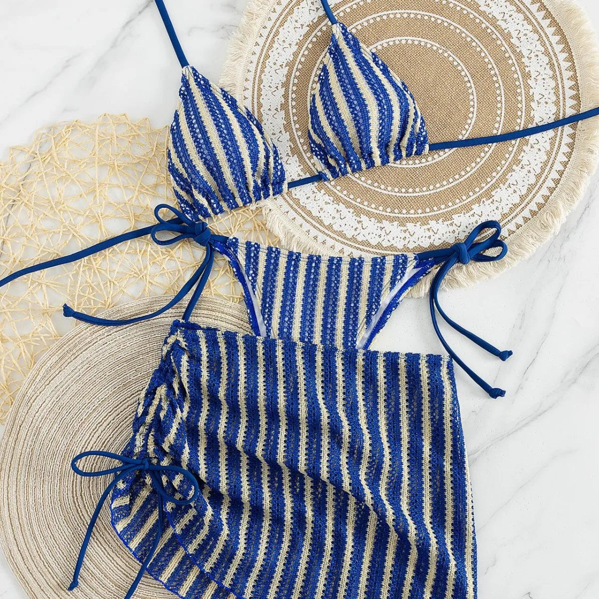 Boho Stripe Knit 3 Piece Bathing Suit Halter Triangle Bikini Tie Side Drawstring Ruched Crochet Skirt Pool Vacation Swimwear