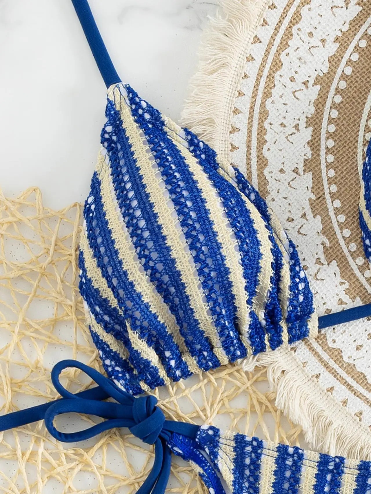 Boho Stripe Knit 3 Piece Bathing Suit Halter Triangle Bikini Tie Side Drawstring Ruched Crochet Skirt Pool Vacation Swimwear