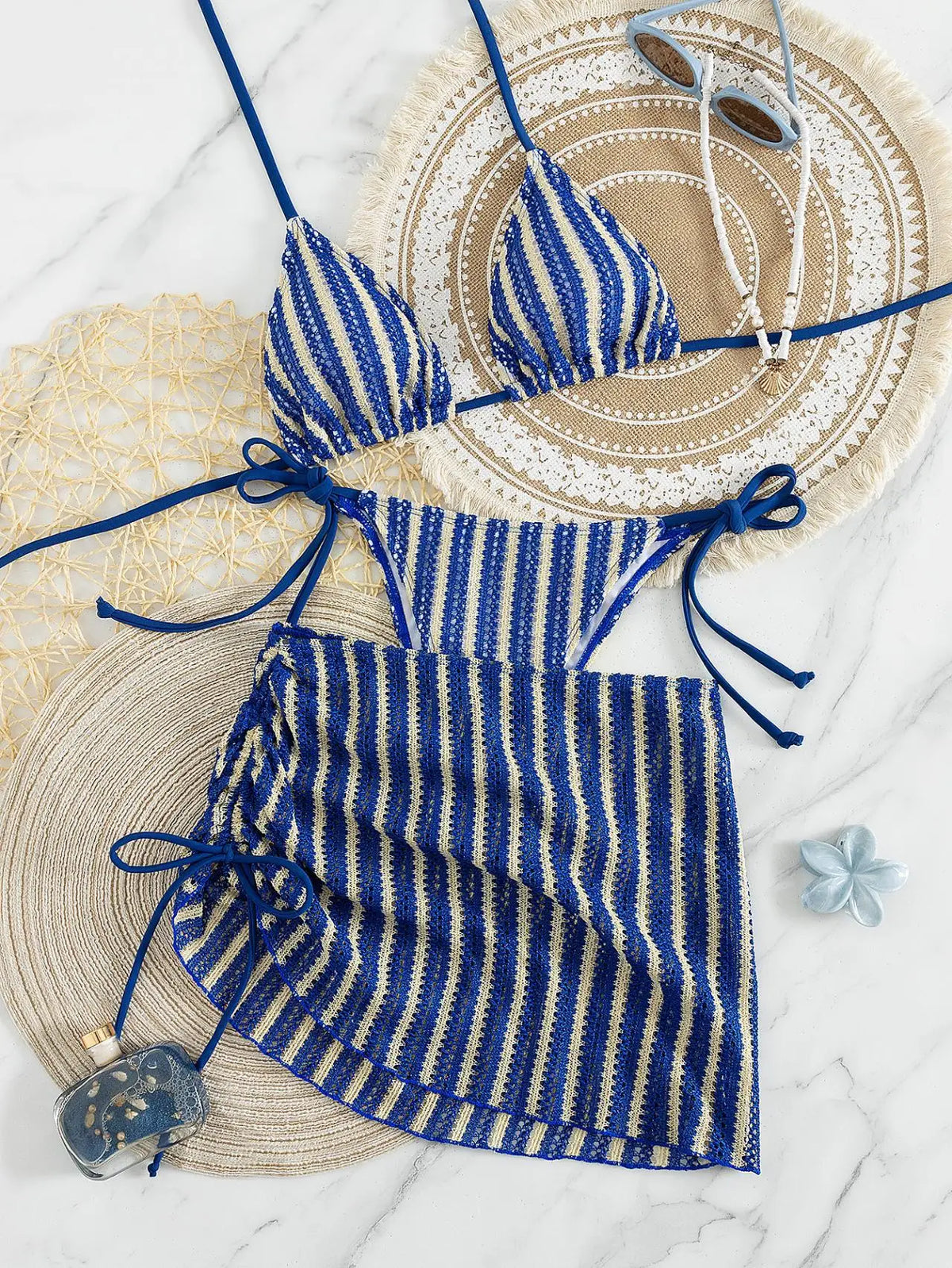 Boho Stripe Knit 3 Piece Bathing Suit Halter Triangle Bikini Tie Side Drawstring Ruched Crochet Skirt Pool Vacation Swimwear