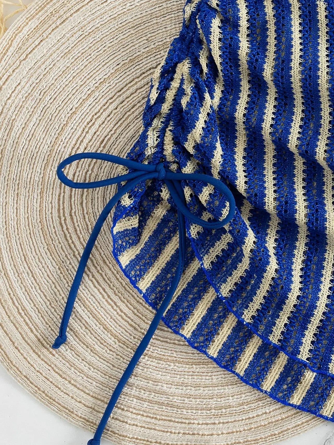 Boho Stripe Knit 3 Piece Bathing Suit Halter Triangle Bikini Tie Side Drawstring Ruched Crochet Skirt Pool Vacation Swimwear