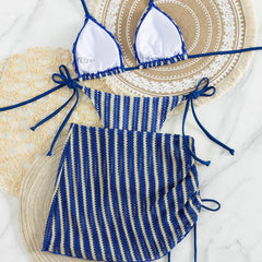 Boho Stripe Knit 3 Piece Bathing Suit Halter Triangle Bikini Tie Side Drawstring Ruched Crochet Skirt Pool Vacation Swimwear
