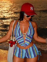 Boho Zigzag Striped Two Piece Bathing Suit Wavy Knit Texture Front Metal Circle Cutout Halter Bikini Tie Boyshort Pool Swimwear