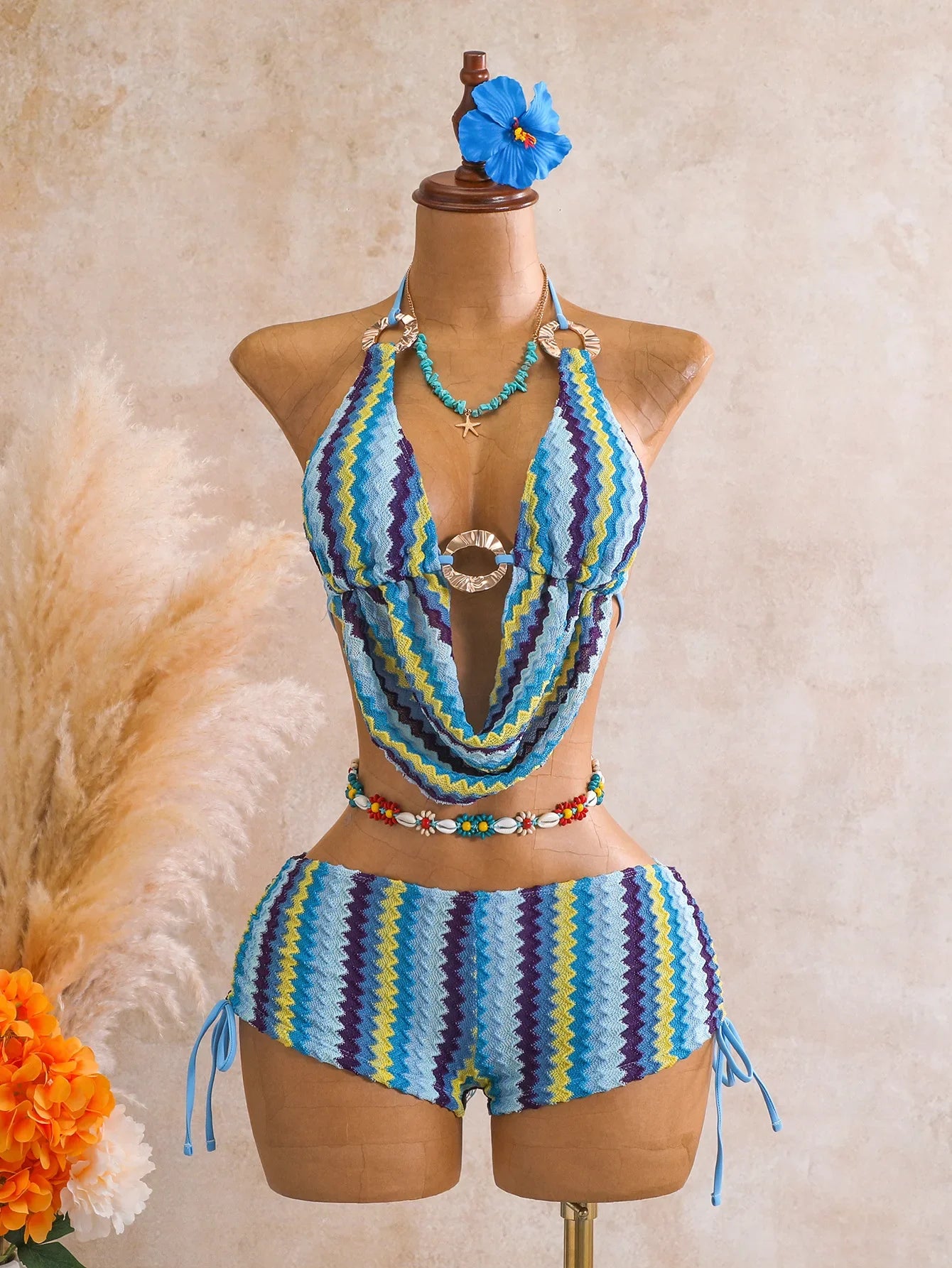 Boho Zigzag Striped Two Piece Bathing Suit Wavy Knit Texture Front Metal Circle Cutout Halter Bikini Tie Boyshort Pool Swimwear
