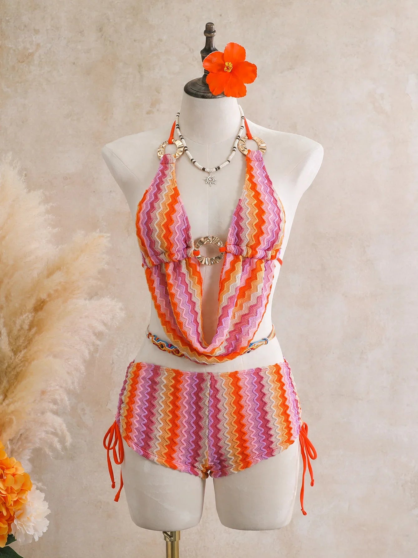 Boho Zigzag Striped Two Piece Bathing Suit Wavy Knit Texture Front Metal Circle Cutout Halter Bikini Tie Boyshort Pool Swimwear