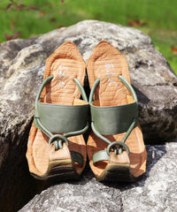 Boutique Splicing Wedge Green Cowhide Leather Slide Sandals