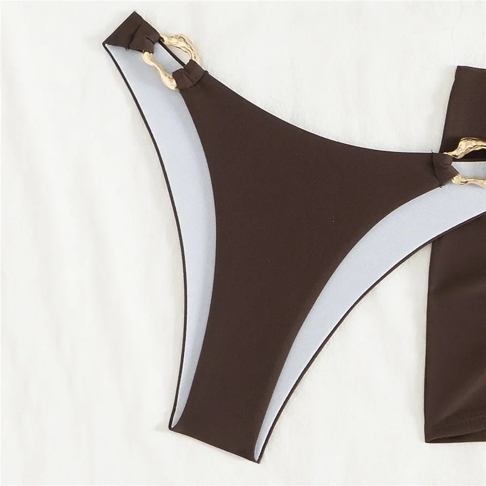 Brown Bandeau Bikinis De Mujer Swimsuit Cover Ups Metal Ring Swimwear Beach Wear Mini Skirts 3 Bikini Piece Set