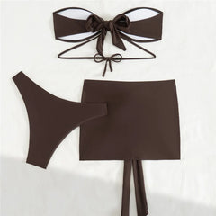 Brown Bandeau Bikinis De Mujer Swimsuit Cover Ups Metal Ring Swimwear Beach Wear Mini Skirts 3 Bikini Piece Set