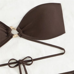 Brown Bandeau Bikinis De Mujer Swimsuit Cover Ups Metal Ring Swimwear Beach Wear Mini Skirts 3 Bikini Piece Set