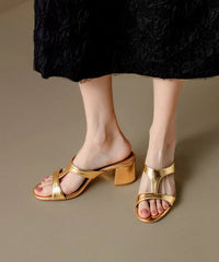 Brown Chunky Heel Cowhide Leather Hollow Out Slide Sandals