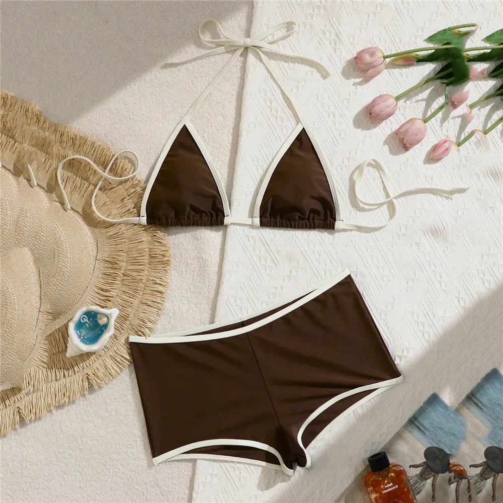 Brown Halter String Micro Triangle Bikini Shorts Swimwear Swimsuit Bathing Suit Bikinis Sets