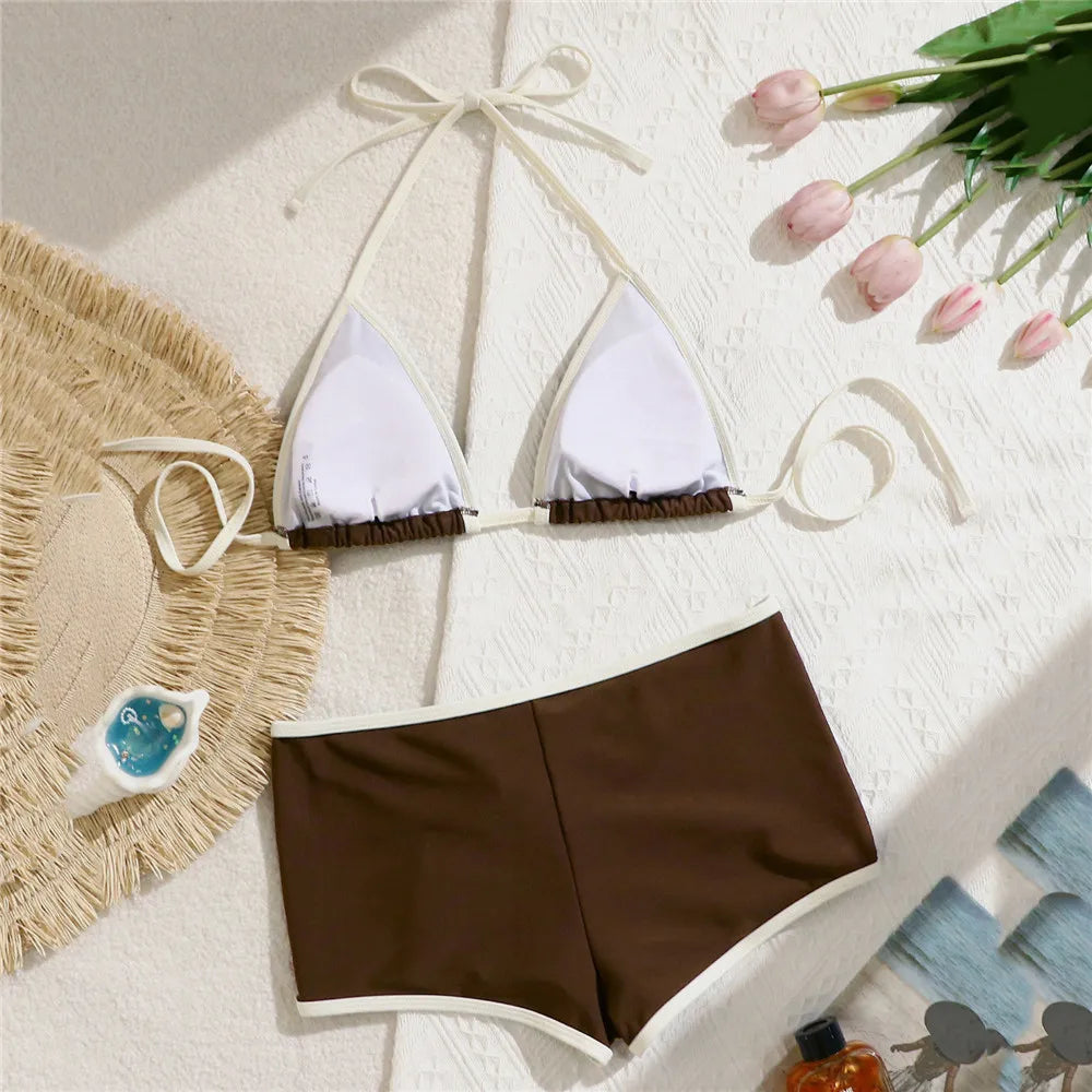 Brown Halter String Micro Triangle Bikini Shorts Swimwear Swimsuit Bathing Suit Bikinis Sets