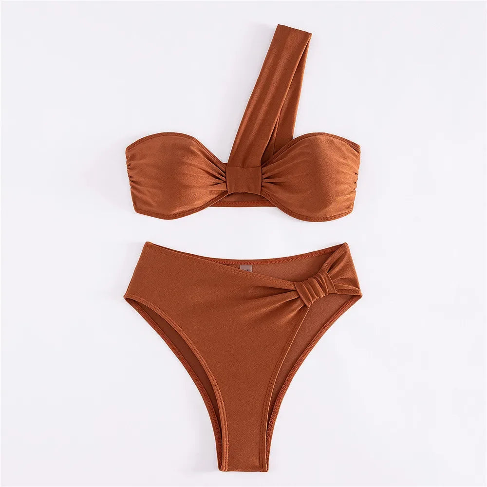 Brown One Shoulder Bikini High Waist Swimsuit Solid Swimwears Bathing Suit Bandeau Bikinis Sets