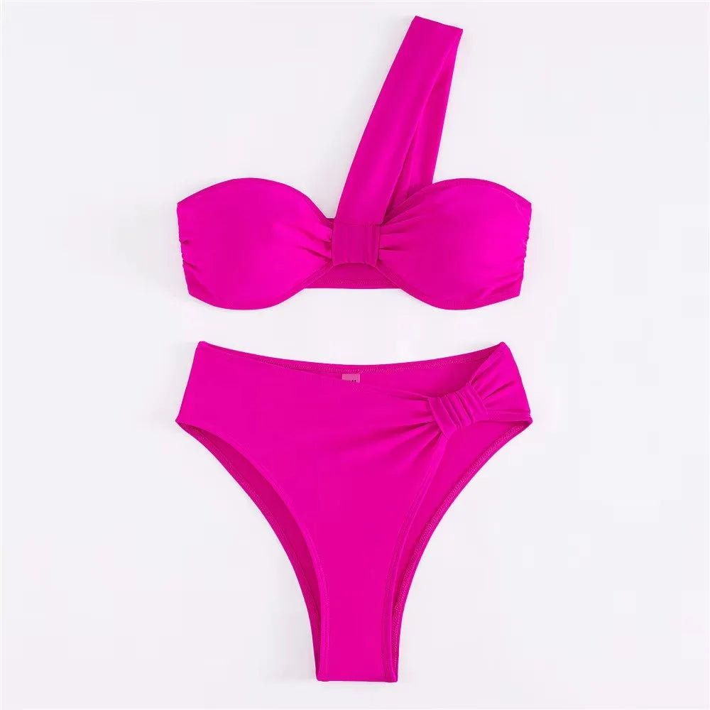 Brown One Shoulder Bikini High Waist Swimsuit Solid Swimwears Bathing Suit Bandeau Bikinis Sets