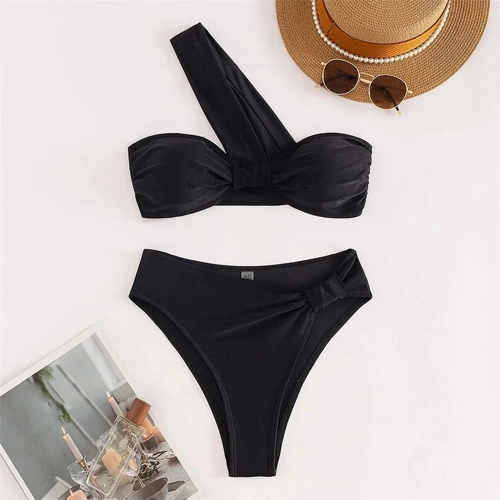 Brown One Shoulder Bikini High Waist Swimsuit Solid Swimwears Bathing Suit Bandeau Bikinis Sets