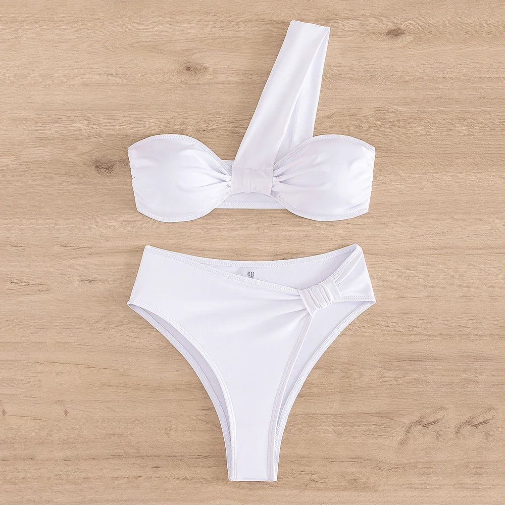 Brown One Shoulder Bikini High Waist Swimsuit Solid Swimwears Bathing Suit Bandeau Bikinis Sets