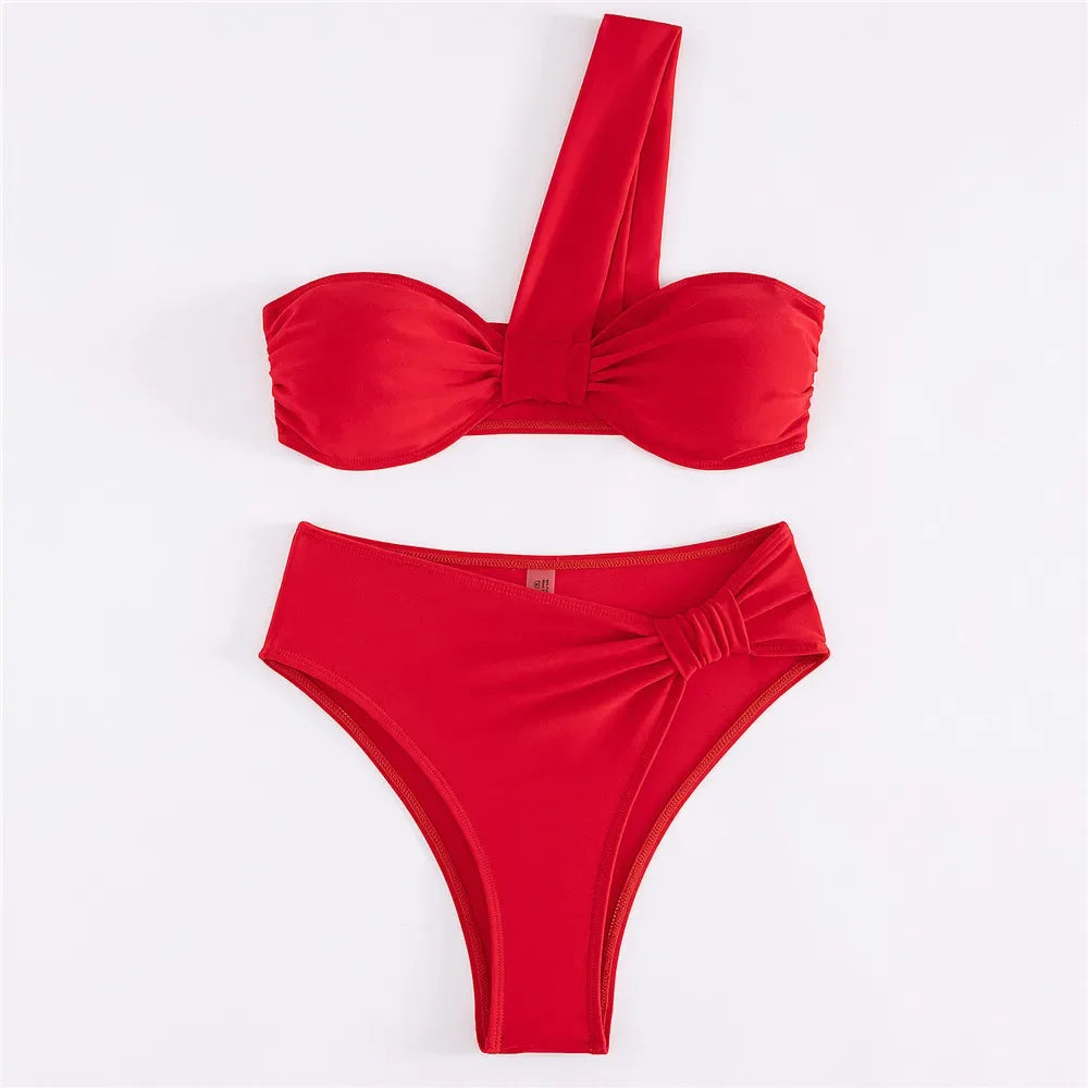 Brown One Shoulder Bikini High Waist Swimsuit Solid Swimwears Bathing Suit Bandeau Bikinis Sets
