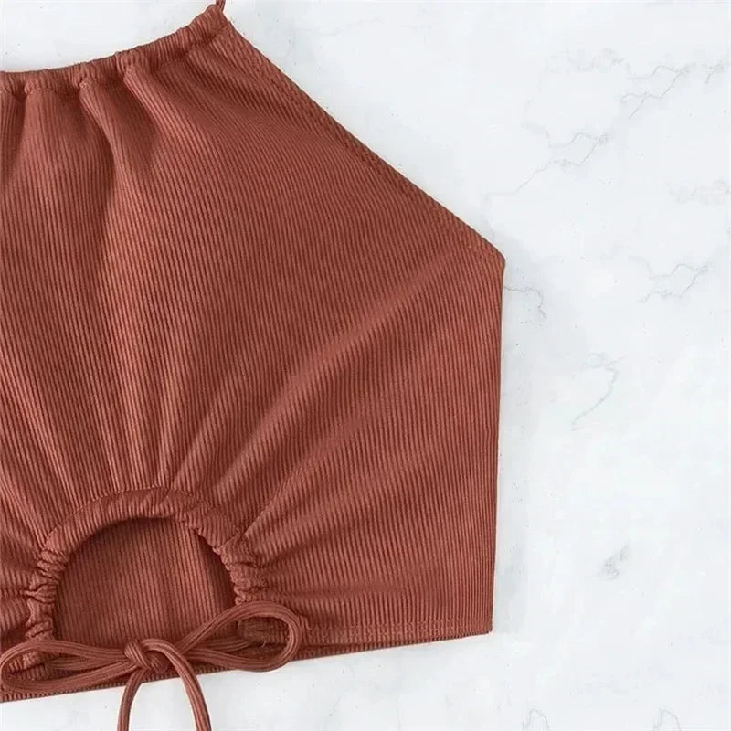 Brown Ribbed Swimwear Shorts Swimsuits Halter Bikinis Sets