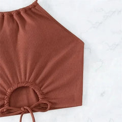 Brown Ribbed Swimwear Shorts Swimsuits Halter Bikinis Sets
