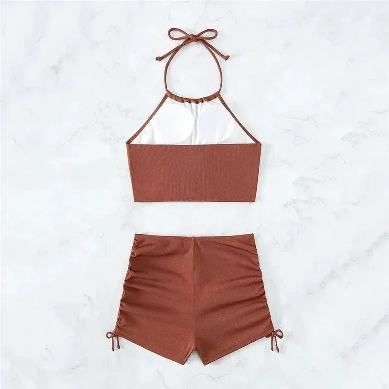 Brown Ribbed Swimwear Shorts Swimsuits Halter Bikinis Sets