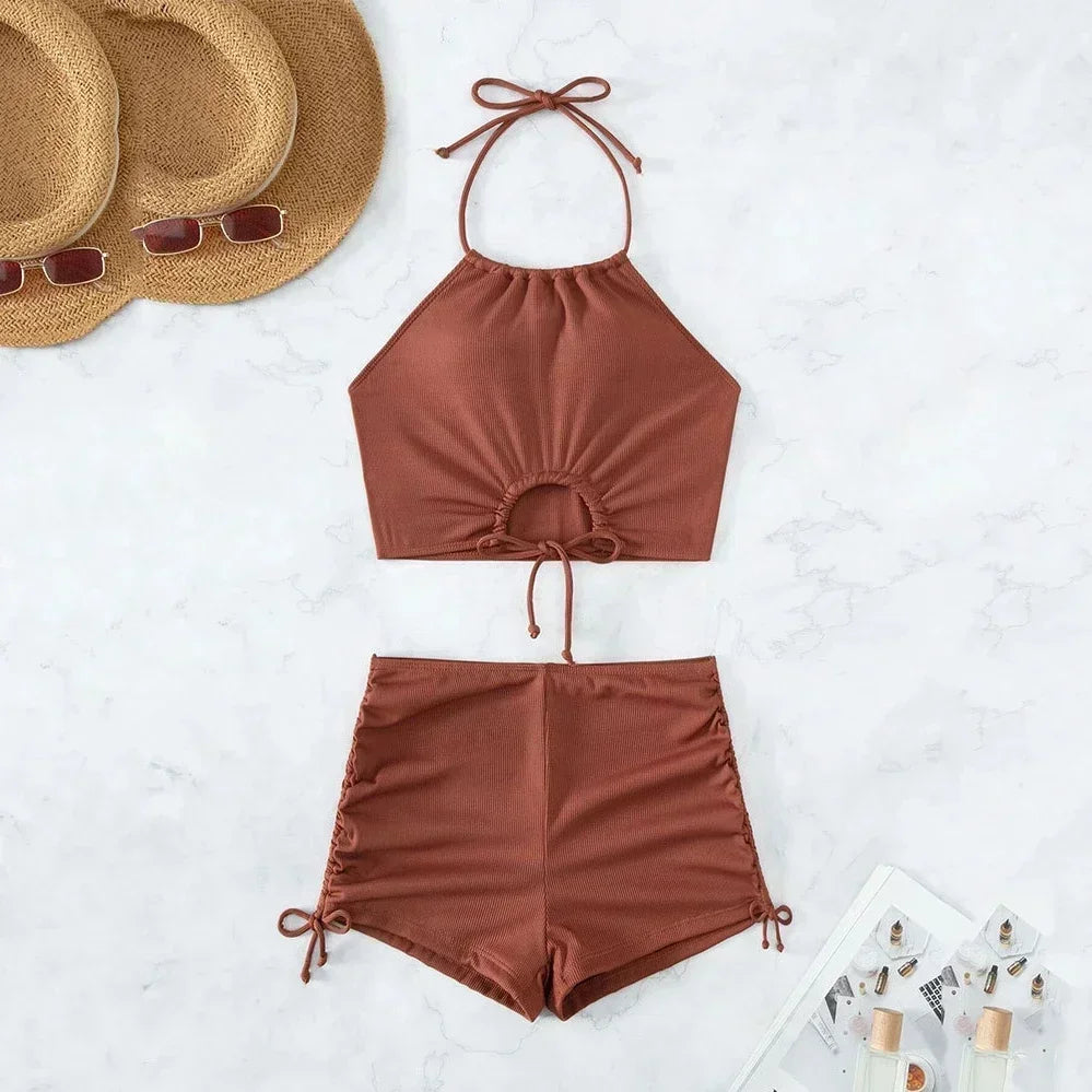 Brown Ribbed Swimwear Shorts Swimsuits Halter Bikinis Sets