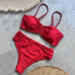 Brown Shiny U Shaped Bikini High Waist Swimsuit Wrinkled Solid Swimwears Bathing Suit Bandeau Bikinis Sets