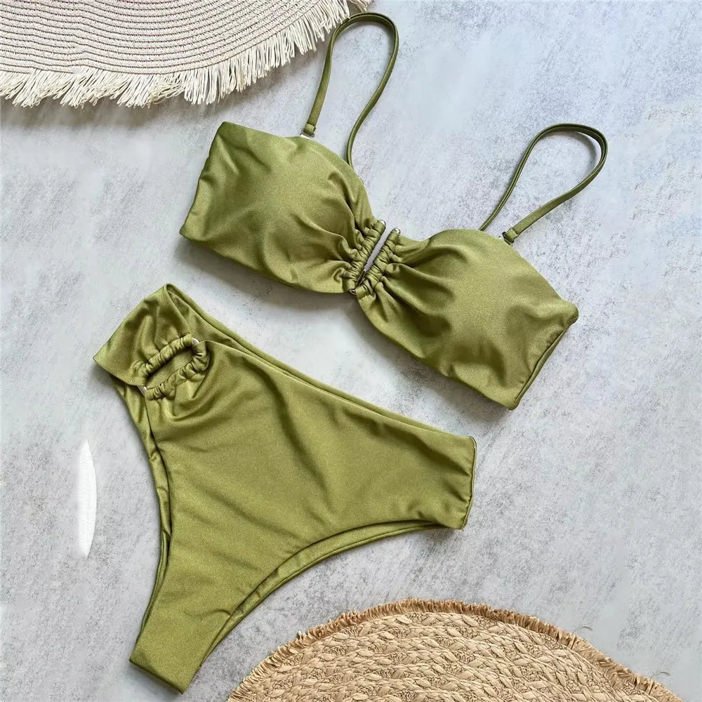 Brown Shiny U Shaped Bikini High Waist Swimsuit Wrinkled Solid Swimwears Bathing Suit Bandeau Bikinis Sets