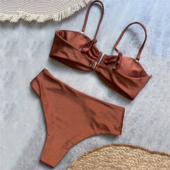 Brown Shiny U Shaped Bikini High Waist Swimsuit Wrinkled Solid Swimwears Bathing Suit Bandeau Bikinis Sets