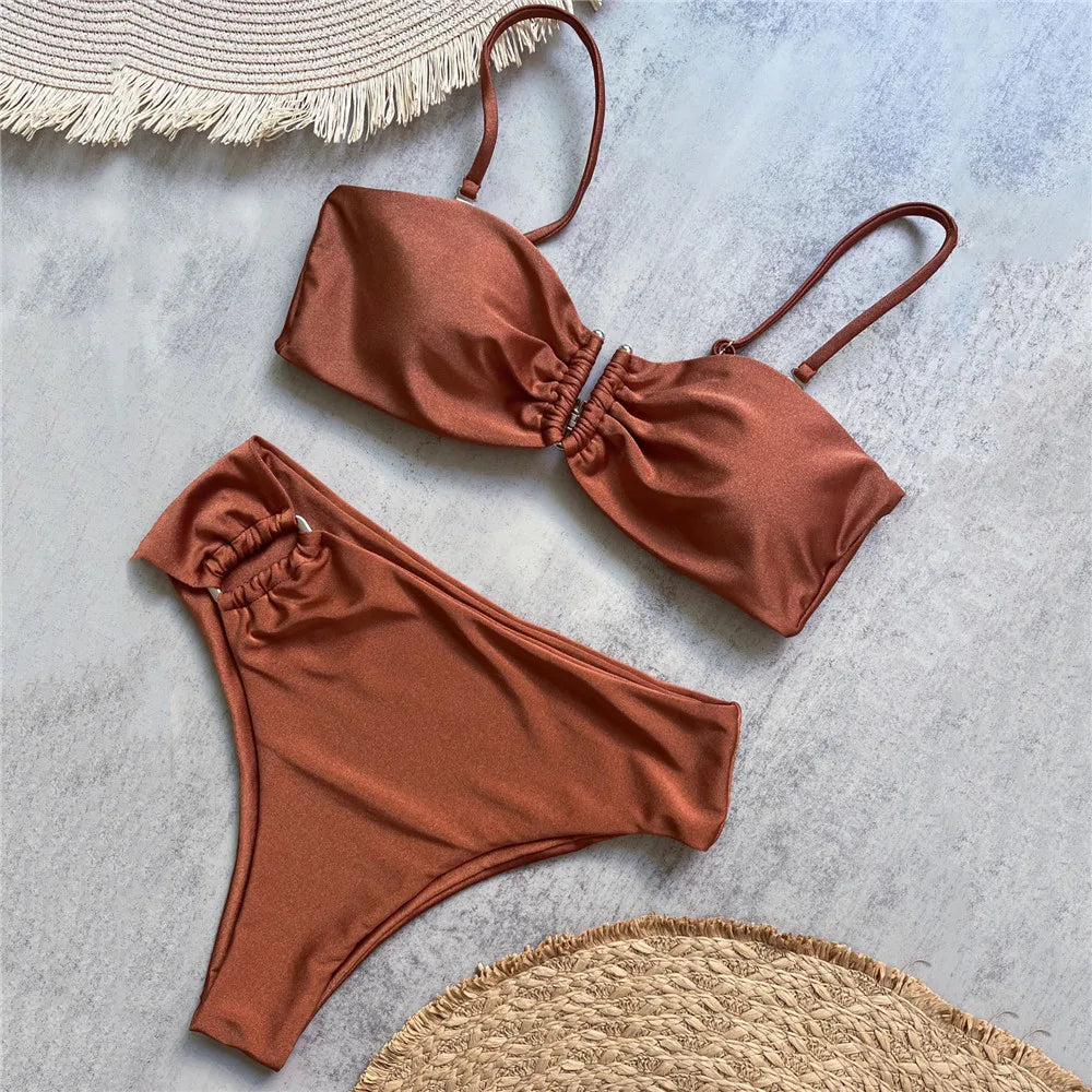 Brown Shiny U Shaped Bikini High Waist Swimsuit Wrinkled Solid Swimwears Bathing Suit Bandeau Bikinis Sets