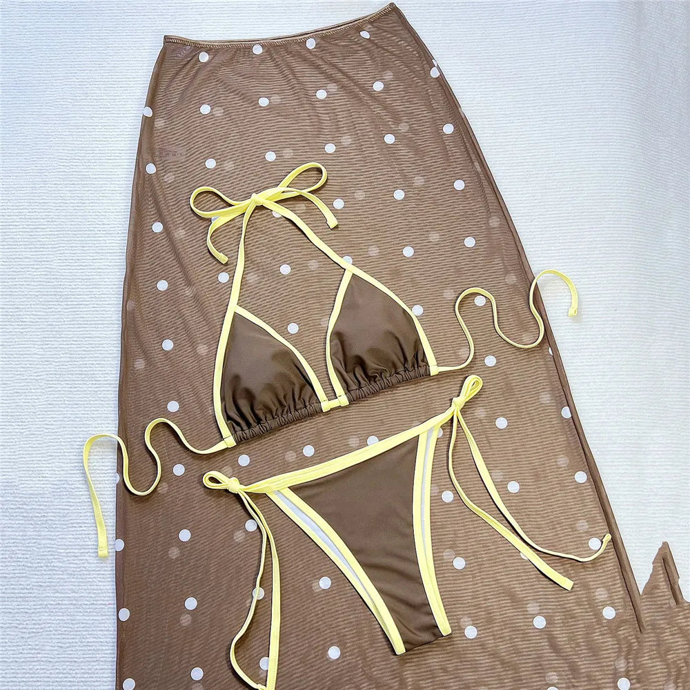 Brown Skirts Swimwear Halter String Triangle 3 Piece Bikinis Sets
