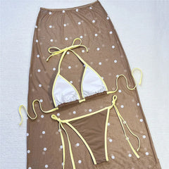Brown Skirts Swimwear Halter String Triangle 3 Piece Bikinis Sets