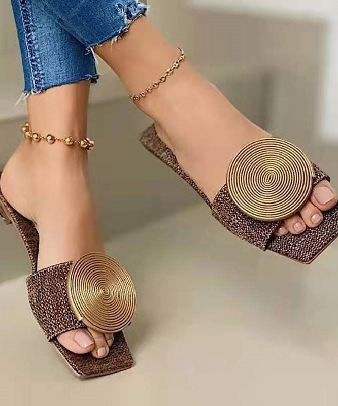 Brown Slide Sandals Faux Leather Boutique Splicing Sequins
